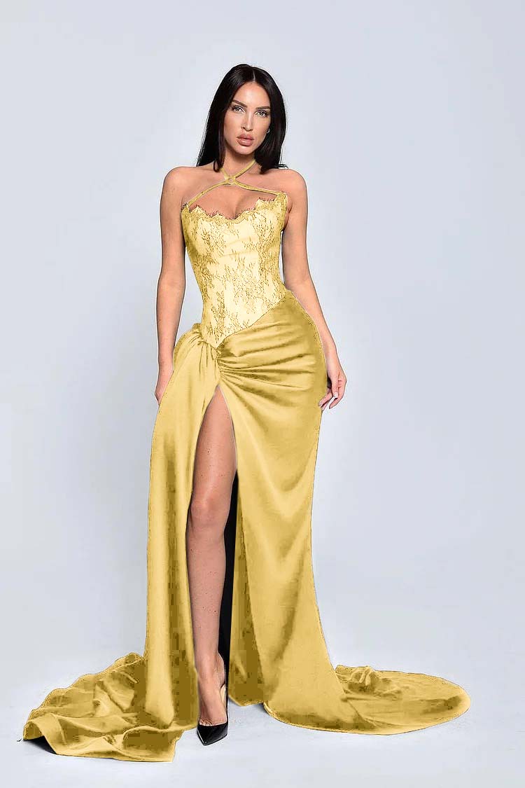 Black Halter Sleeveless Appliques Long Prom Dress With High Split