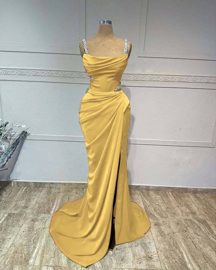 Straps Sleeveless Long Mermaid Prom Dress With Pleated Sequins