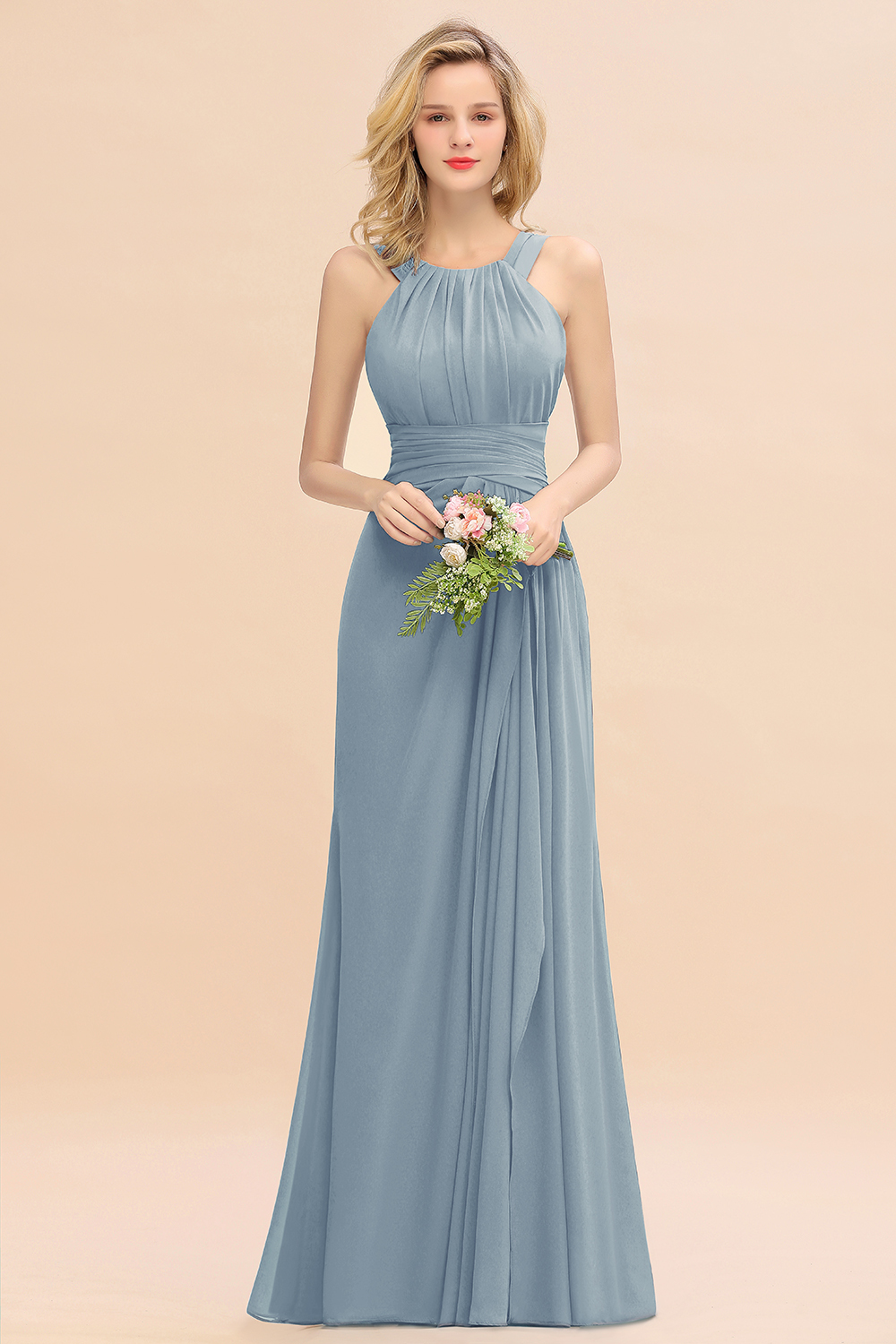 BMbridal Elegant Round Neck Sleeveless Bridesmaid Dress with Ruffles-BMbridal