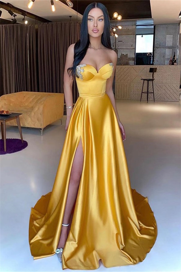 Sweetheart Yellow Strapless Mermaid Beadings Long Prom Dress With Split