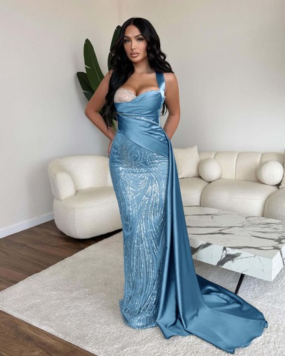 Straps Sweetheart Sleeveless Long Mermaid Prom Dress With Sequins