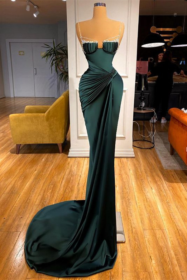 Mermaid Dark Green Spaghetti Strap Sleeveless Long Prom Dress With Beadings