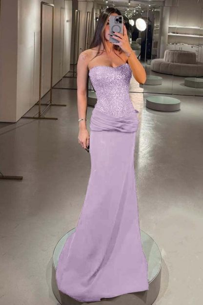 Strapless Sleeveless Long Mermaid Prom Dress With Pleated Sequins