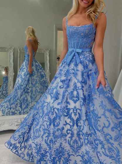 Blue Floral Baroque Lace Corset Long Prom Dress