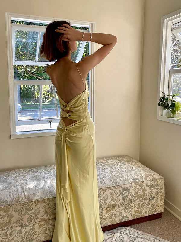 Yellow Sheath Spaghetti Straps Long Prom Party Dress with Keyhole Back