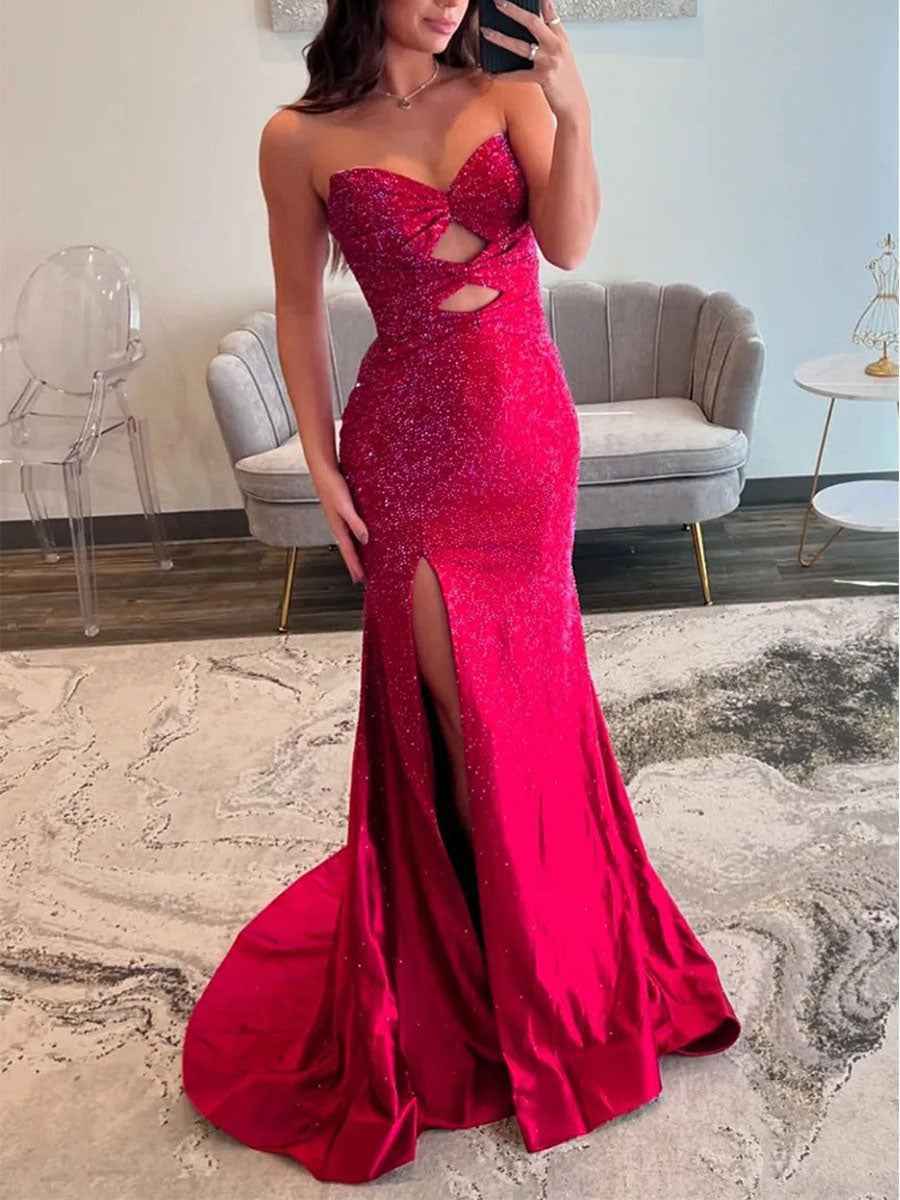 Hot Pink Mermaid Strapless Long Prom Dress with Beads