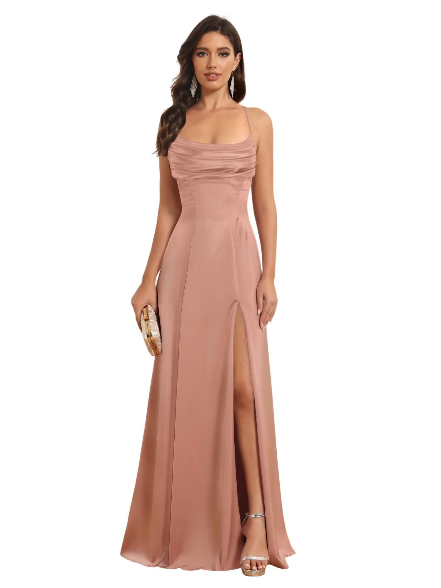 Satin Spaghetti Strap A-Line Floor-Length Bridesmaid Dress with Side Slit