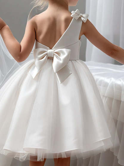One-Shoulder Satin A-Line Flower Girl Dress with Bow(s) Knee-Length and Sleeveless