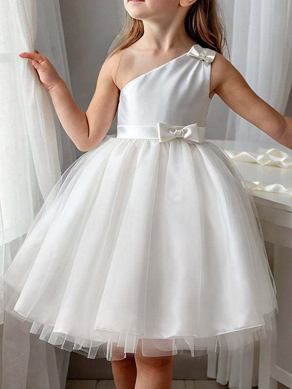 One-Shoulder Satin A-Line Flower Girl Dress with Bow(s) Knee-Length and Sleeveless
