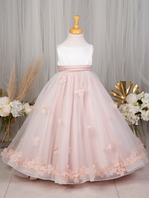 Sleeveless Floor-Length Flower Girl Dress in Satin Tulle with A-Line/Princess Cut
