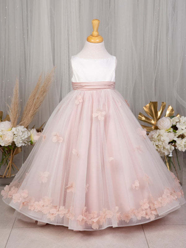 Sleeveless Floor-Length Flower Girl Dress in Satin Tulle with A-Line/Princess Cut
