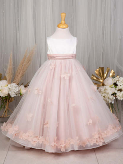 Sleeveless Floor-Length Flower Girl Dress in Satin Tulle with A-Line/Princess Cut