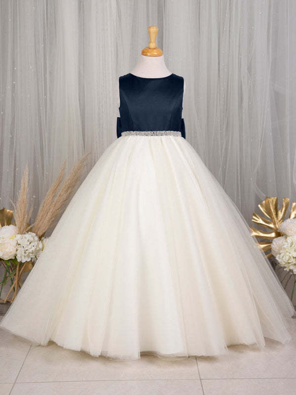 Sleeveless Satin Tulle A-Line Princess Floor-Length Flower Girl Dress with Bow(s)