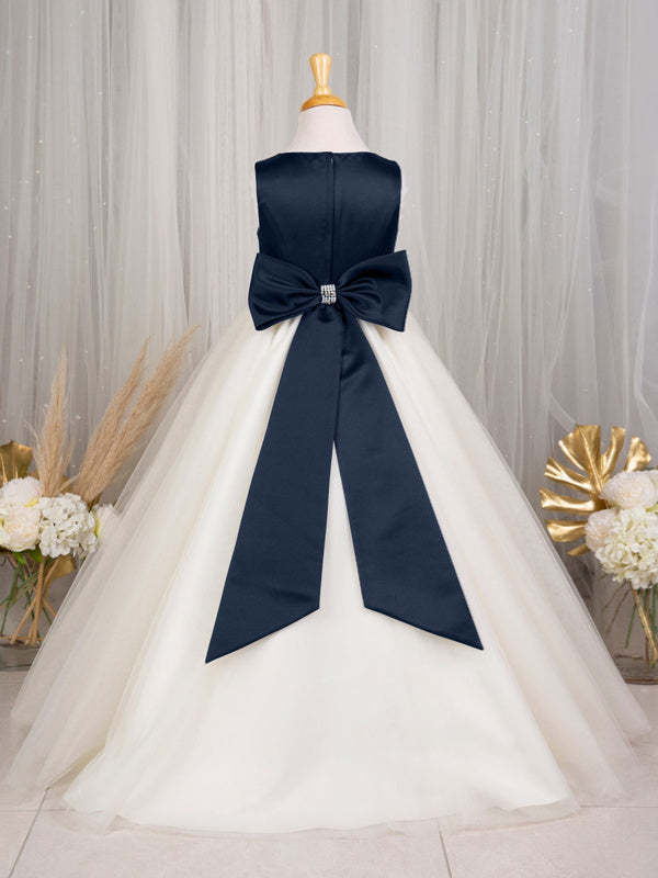 Sleeveless Satin Tulle A-Line Princess Floor-Length Flower Girl Dress with Bow(s)