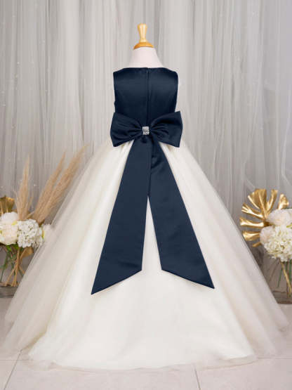 Sleeveless Satin Tulle A-Line Princess Floor-Length Flower Girl Dress with Bow(s)