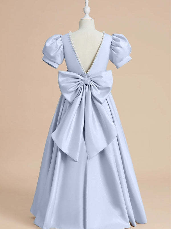 Short Sleeve Princess A-Line Satin Flower Girl Dress with Beading and Bow(s) Floor-Length