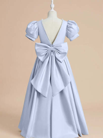 Short Sleeve Princess A-Line Satin Flower Girl Dress with Beading and Bow(s) Floor-Length