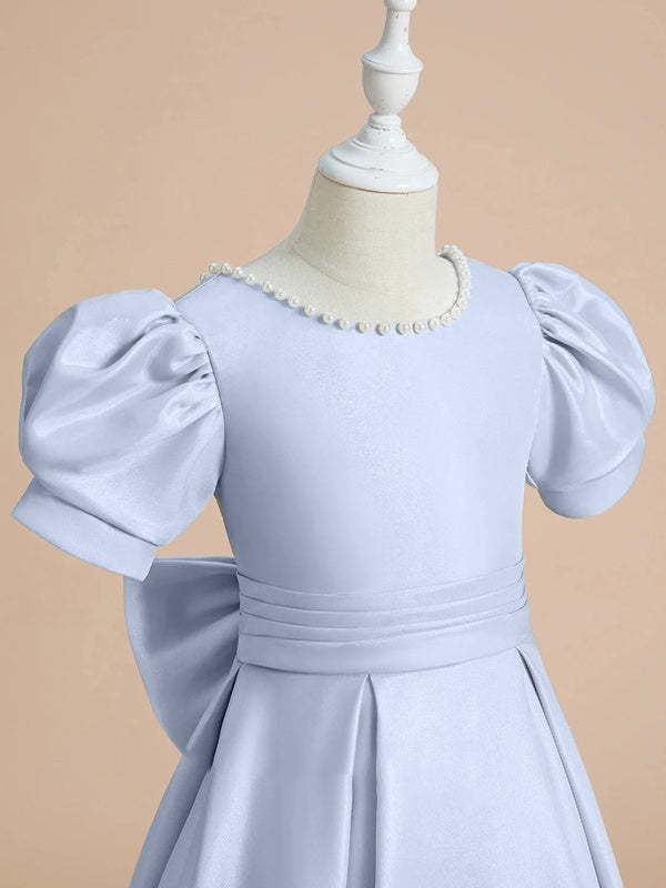 Short Sleeve Princess A-Line Satin Flower Girl Dress with Beading and Bow(s) Floor-Length