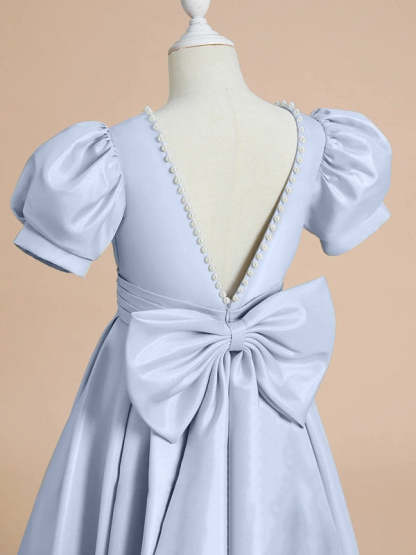 Short Sleeve Princess A-Line Satin Flower Girl Dress with Beading and Bow(s) Floor-Length
