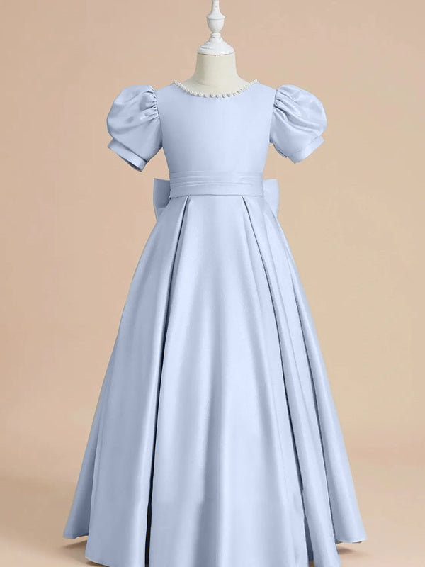Short Sleeve Princess A-Line Satin Flower Girl Dress with Beading and Bow(s) Floor-Length