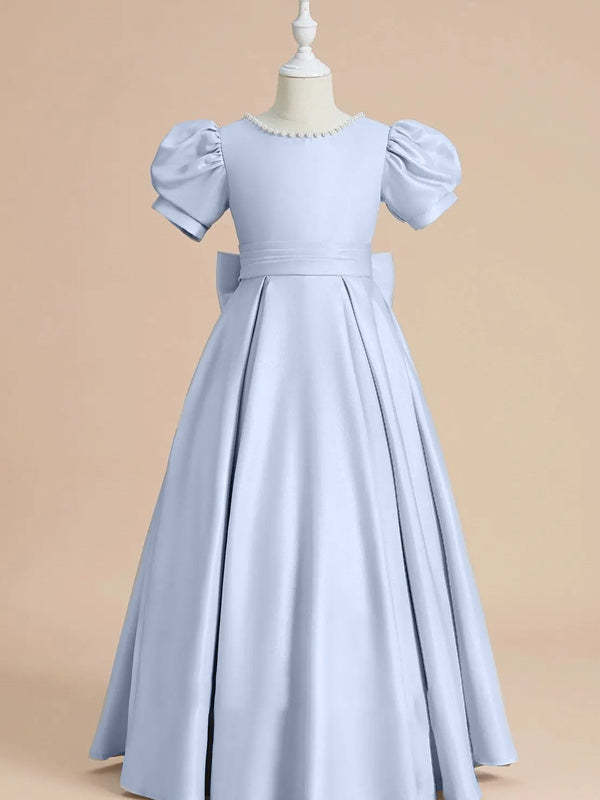 Short Sleeve Princess A-Line Satin Flower Girl Dress with Beading and Bow(s) Floor-Length