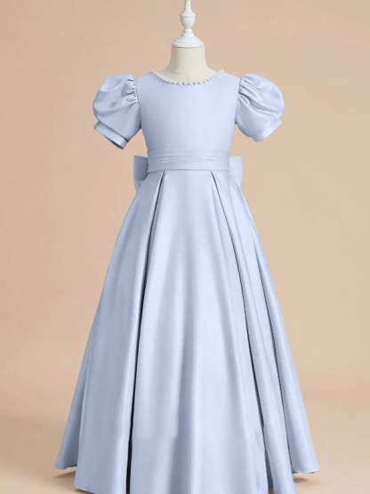 Short Sleeve Princess A-Line Satin Flower Girl Dress with Beading and Bow(s) Floor-Length