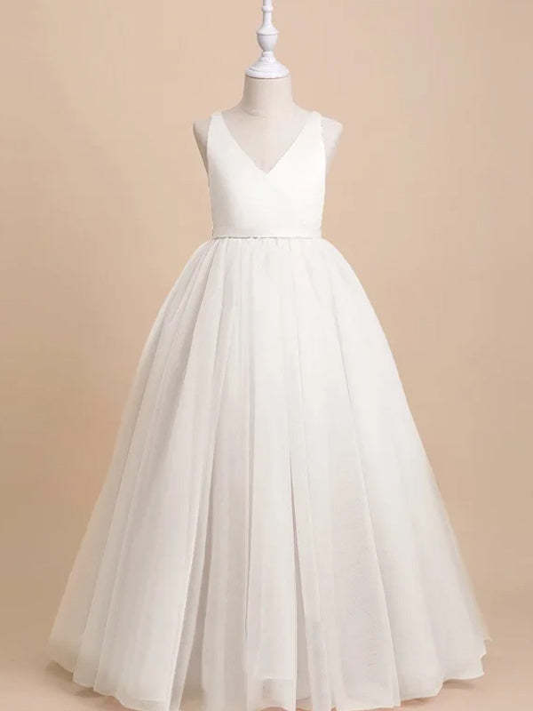 Sleeveless Floor-Length Flower Girl Dress in Satin Tulle with Bow(s) A-Line/Princess Cut