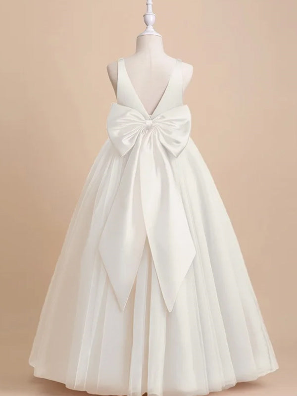Sleeveless Floor-Length Flower Girl Dress in Satin Tulle with Bow(s) A-Line/Princess Cut