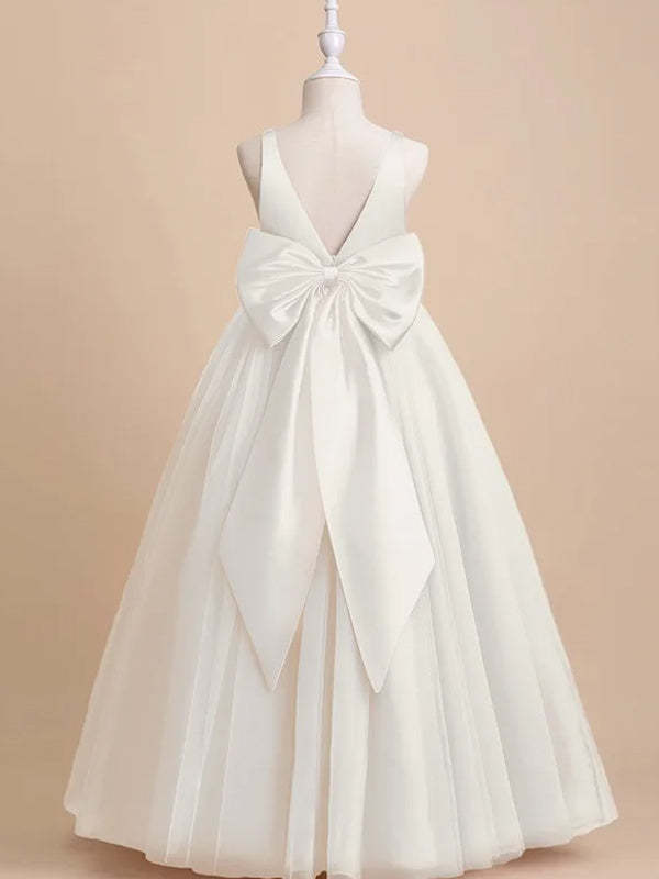 Sleeveless Floor-Length Flower Girl Dress in Satin Tulle with Bow(s) A-Line/Princess Cut