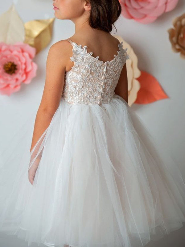 Sleeveless V-neck Tulle Ball-Gown with Lace Appliques for Flower Girls