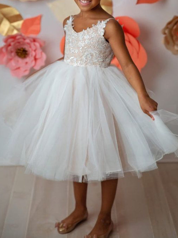 Sleeveless V-neck Tulle Ball-Gown with Lace Appliques for Flower Girls