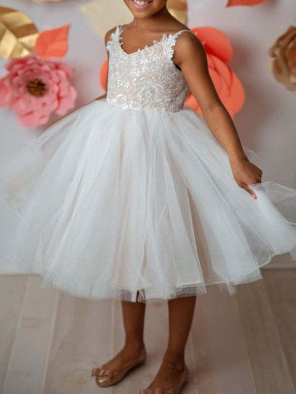 Sleeveless V-neck Tulle Ball-Gown with Lace Appliques for Flower Girls