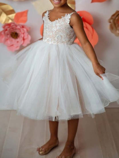 Sleeveless V-neck Tulle Ball-Gown with Lace Appliques for Flower Girls