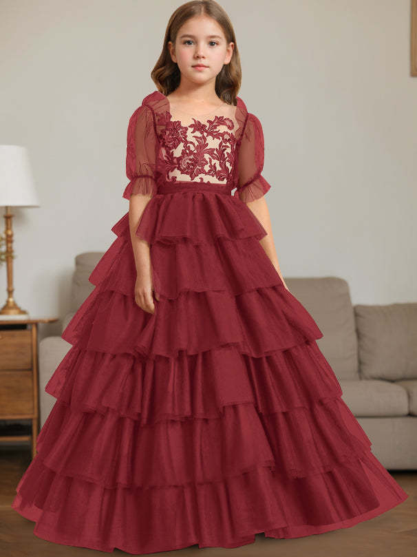 Sleeveless Scoop-Neck Floor-Length Ball Gown Flower Girl Dress with Lace