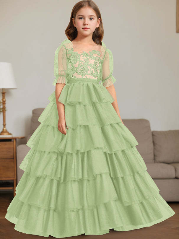 Sleeveless Scoop-Neck Floor-Length Ball Gown Flower Girl Dress with Lace