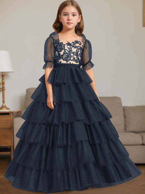 Sleeveless Scoop-Neck Floor-Length Ball Gown Flower Girl Dress with Lace