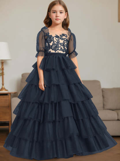 Sleeveless Scoop-Neck Floor-Length Ball Gown Flower Girl Dress with Lace