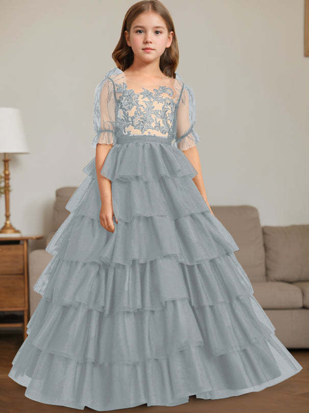 Sleeveless Scoop-Neck Floor-Length Ball Gown Flower Girl Dress with Lace