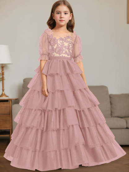 Sleeveless Scoop-Neck Floor-Length Ball Gown Flower Girl Dress with Lace