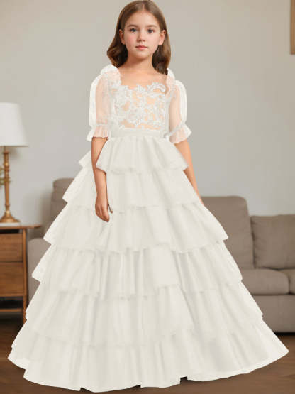 Sleeveless Scoop-Neck Floor-Length Ball Gown Flower Girl Dress with Lace
