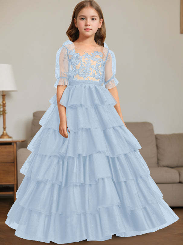 Sleeveless Scoop-Neck Floor-Length Ball Gown Flower Girl Dress with Lace