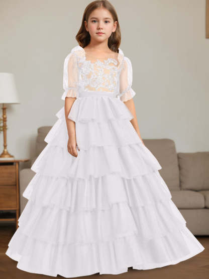 Sleeveless Scoop-Neck Floor-Length Ball Gown Flower Girl Dress with Lace