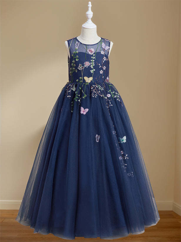 Floor-Length Sleeveless Flower Girl Dress with Embroidery in A-Line/Princess Scoop Neck Style