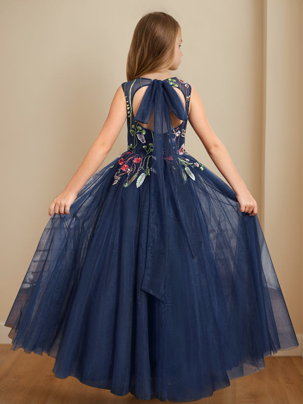 Floor-Length Sleeveless Flower Girl Dress with Embroidery in A-Line/Princess Scoop Neck Style