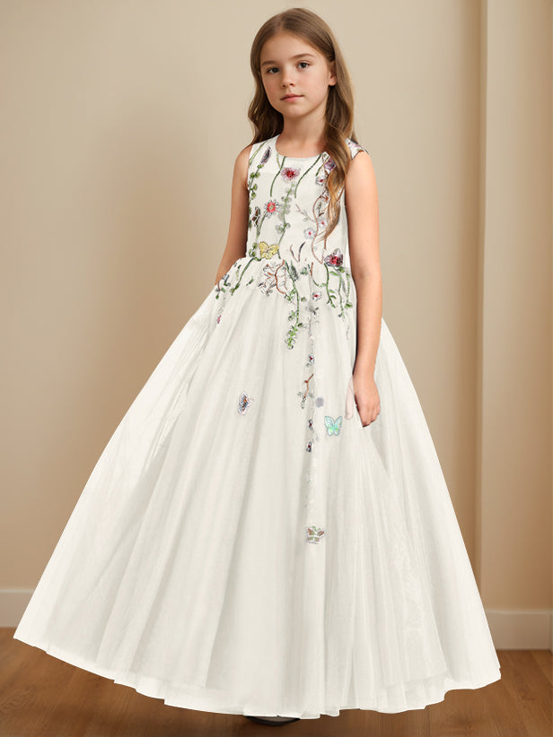 Floor-Length Sleeveless Flower Girl Dress with Embroidery in A-Line/Princess Scoop Neck Style