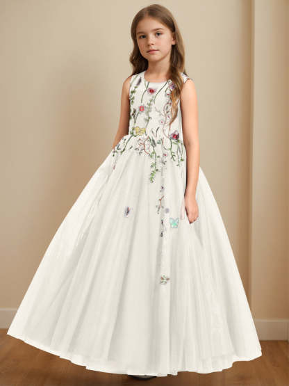 Floor-Length Sleeveless Flower Girl Dress with Embroidery in A-Line/Princess Scoop Neck Style