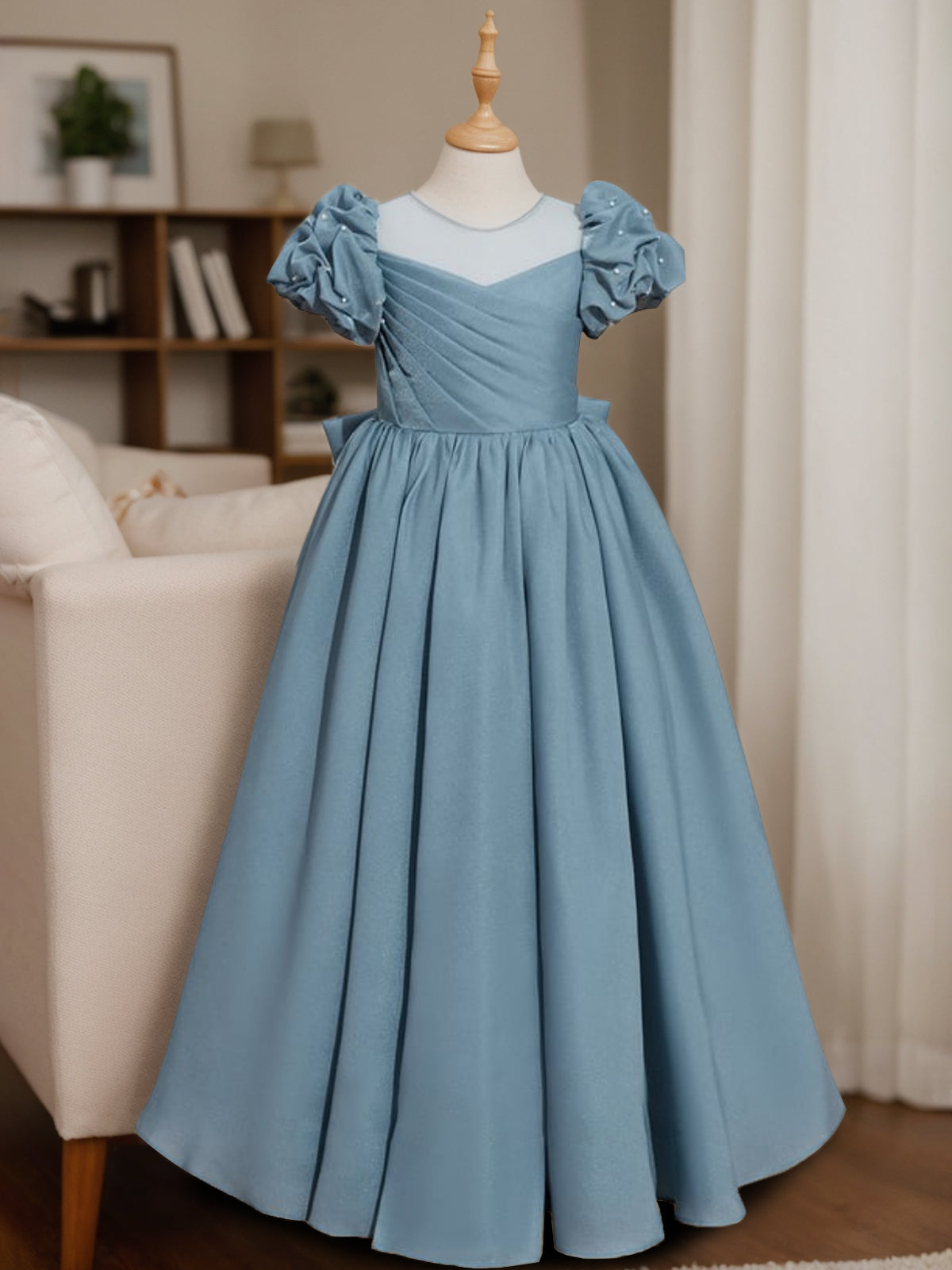Princess A-Line Floor-Length Flower Girl Dress with Scoop Neck and Ruffled Short Sleeves