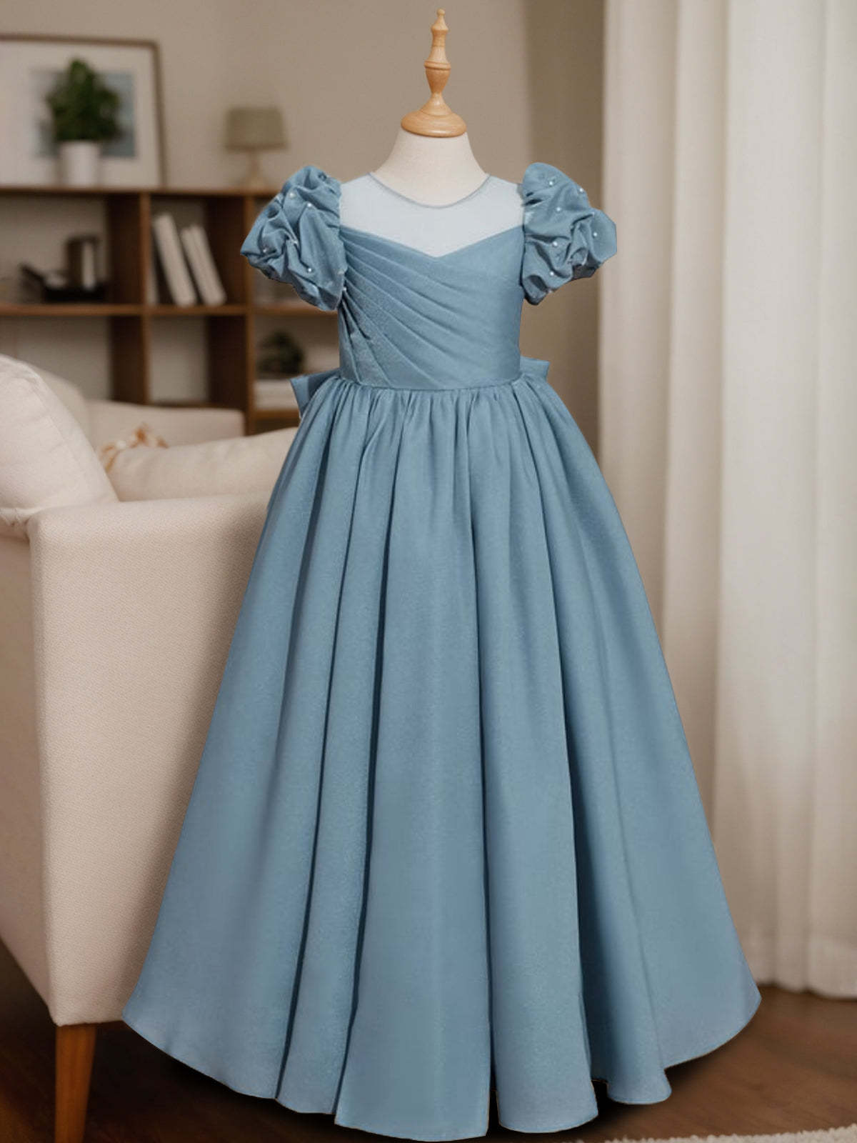 Princess A-Line Floor-Length Flower Girl Dress with Scoop Neck and Ruffled Short Sleeves