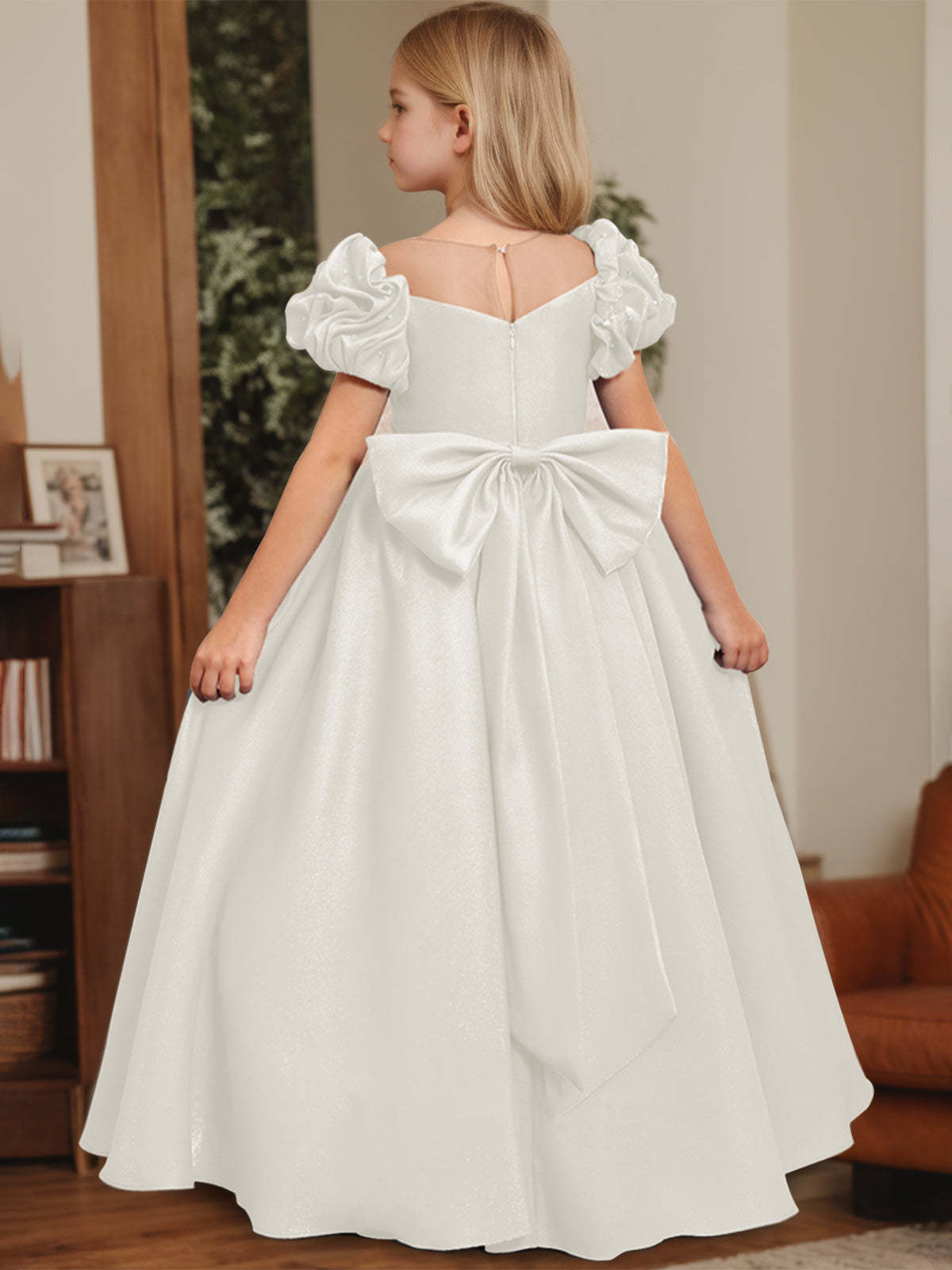 Princess A-Line Floor-Length Flower Girl Dress with Scoop Neck and Ruffled Short Sleeves