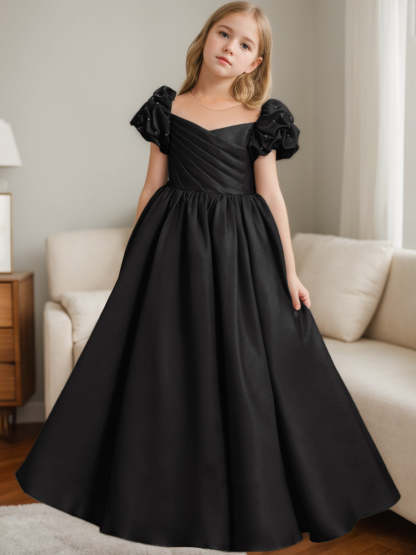 Princess A-Line Floor-Length Flower Girl Dress with Scoop Neck and Ruffled Short Sleeves